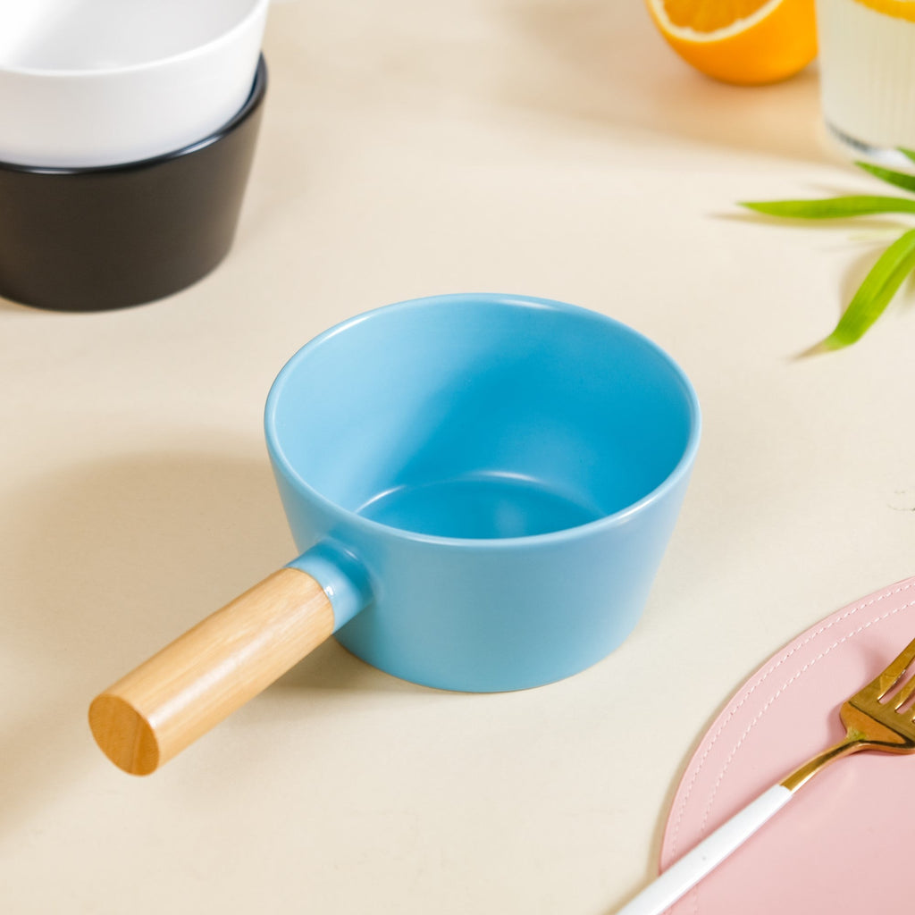 Ceramic Bowl With Wooden Handle Blue 450 ml Nestasia