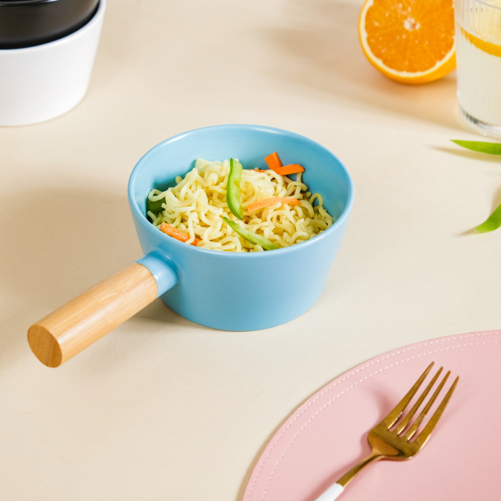 Ceramic Bowl With Wooden Handle Blue 450 ml Nestasia
