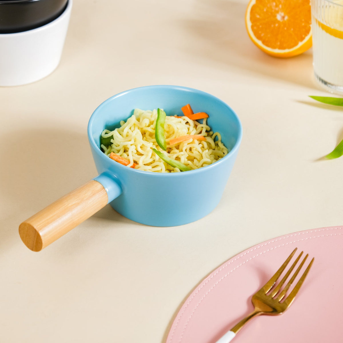 Ceramic Bowl With Wooden Handle Blue 450 ml Nestasia