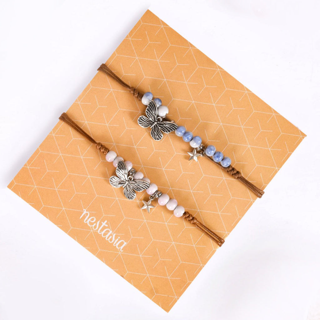 Set Of 2 Silver Butterfly Bracelets With Gradient Beads Nestasia