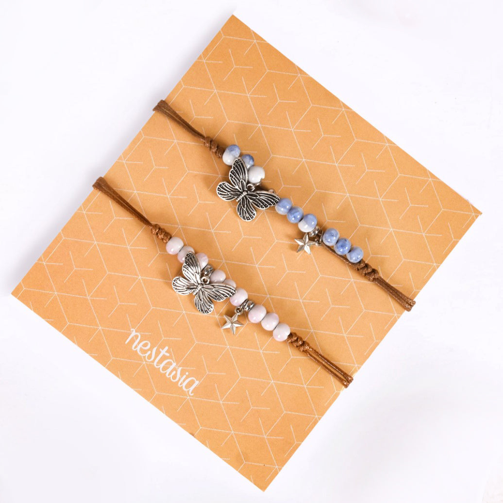 Set Of 2 Silver Butterfly Bracelets With Gradient Beads Nestasia