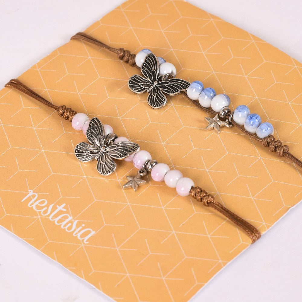 Set Of 2 Silver Butterfly Bracelets With Gradient Beads Nestasia