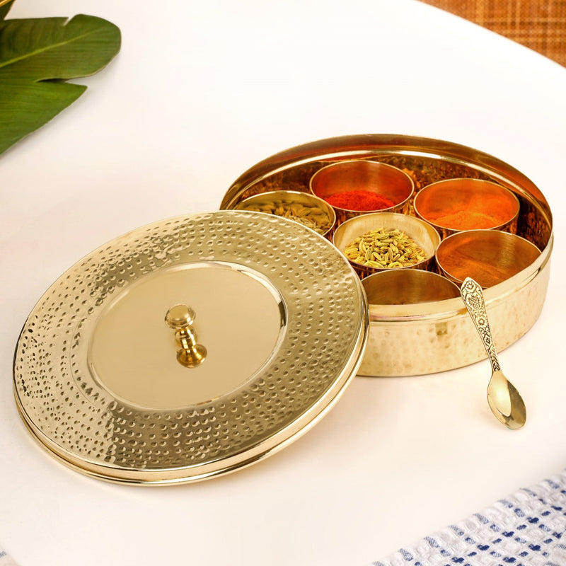 Pure Brass Hammered Masala Box Set With Spoon Nestasia