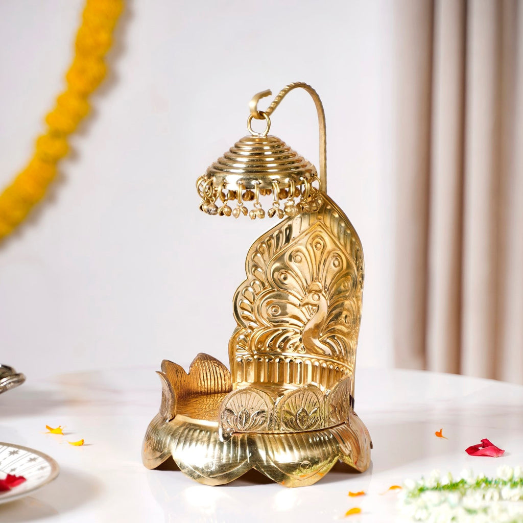 Brass Krishna Singhasan With Lotus And Peacock Embossing Nestasia