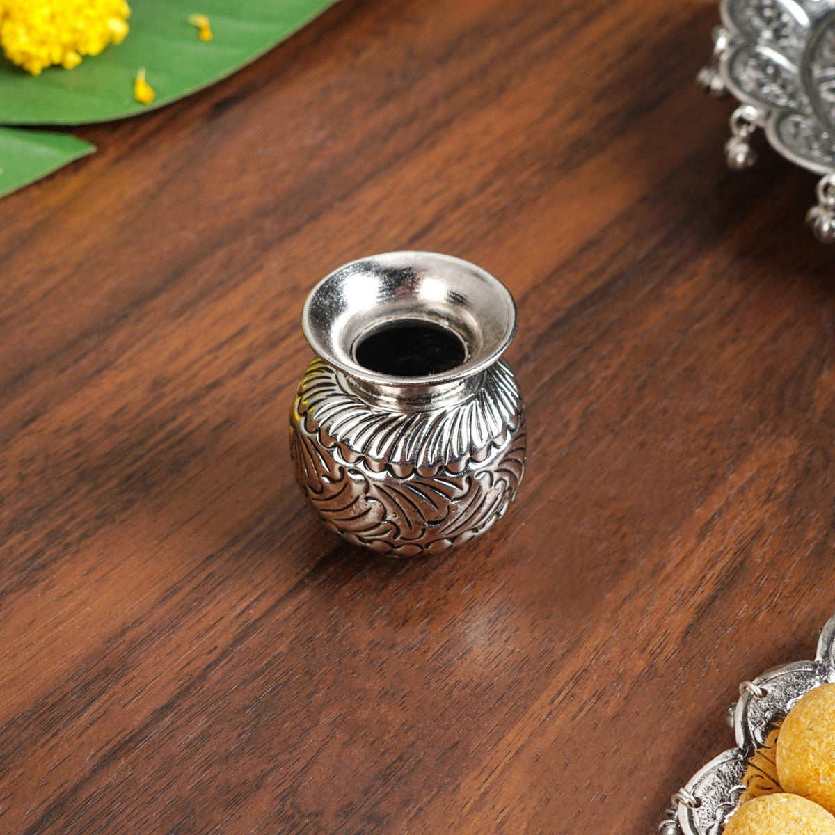 Embossed Brass Flower Pooja Thali And Kalash Set Nestasia
