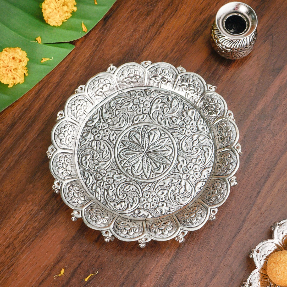 Embossed Brass Flower Pooja Thali And Kalash Set Nestasia