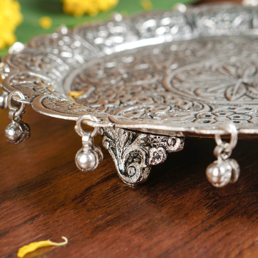 Embossed Brass Flower Pooja Thali And Kalash Set Nestasia