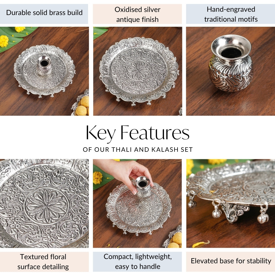 Embossed Brass Flower Pooja Thali And Kalash Set Nestasia