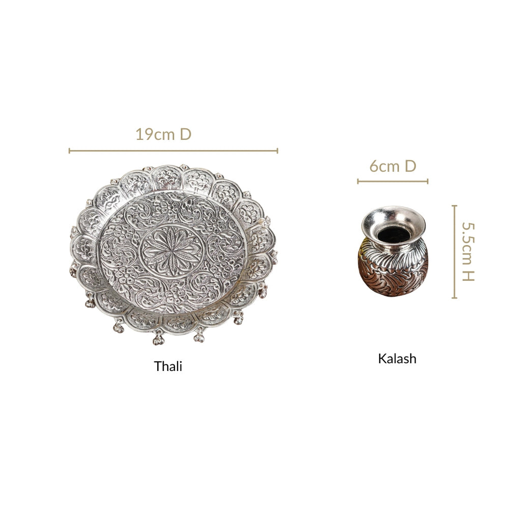 Embossed Brass Flower Pooja Thali And Kalash Set Nestasia