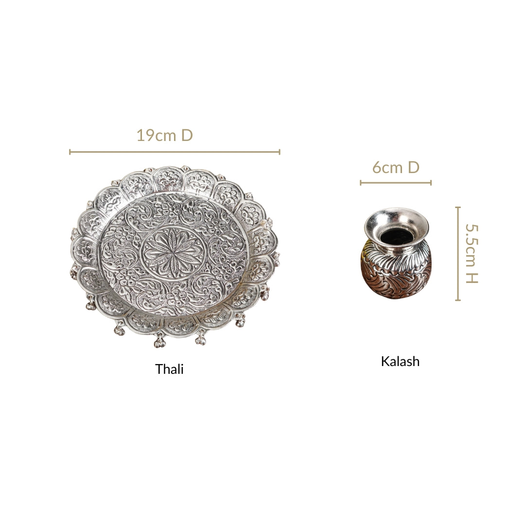 Embossed Brass Flower Pooja Thali And Kalash Set Nestasia