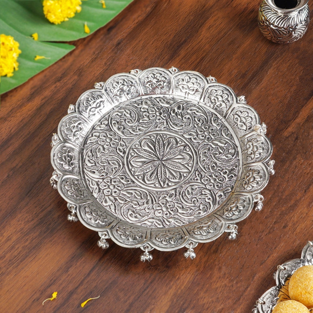 Embossed Brass Flower Pooja Thali And Kalash Set Nestasia