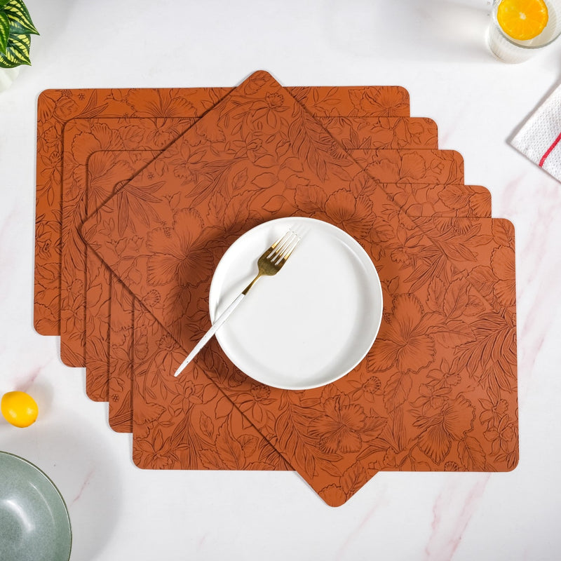 Brown Embossed Hibiscus Rectangular Placemats Set Of 6 Nestasia