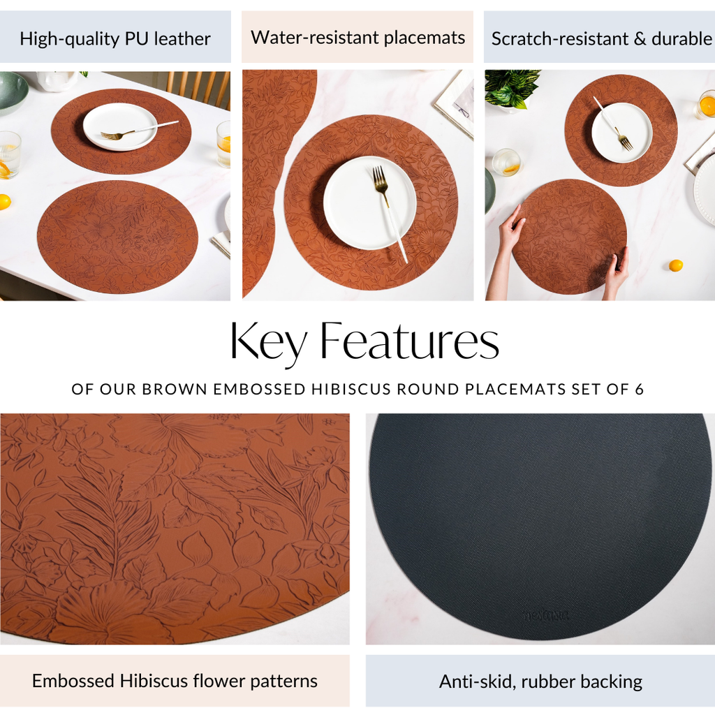 Brown Embossed Hibiscus Round Placemats Set Of 6 Nestasia