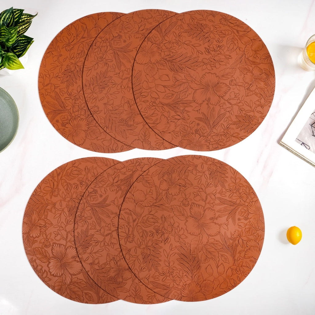 Brown Embossed Hibiscus Round Placemats Set Of 6 Nestasia