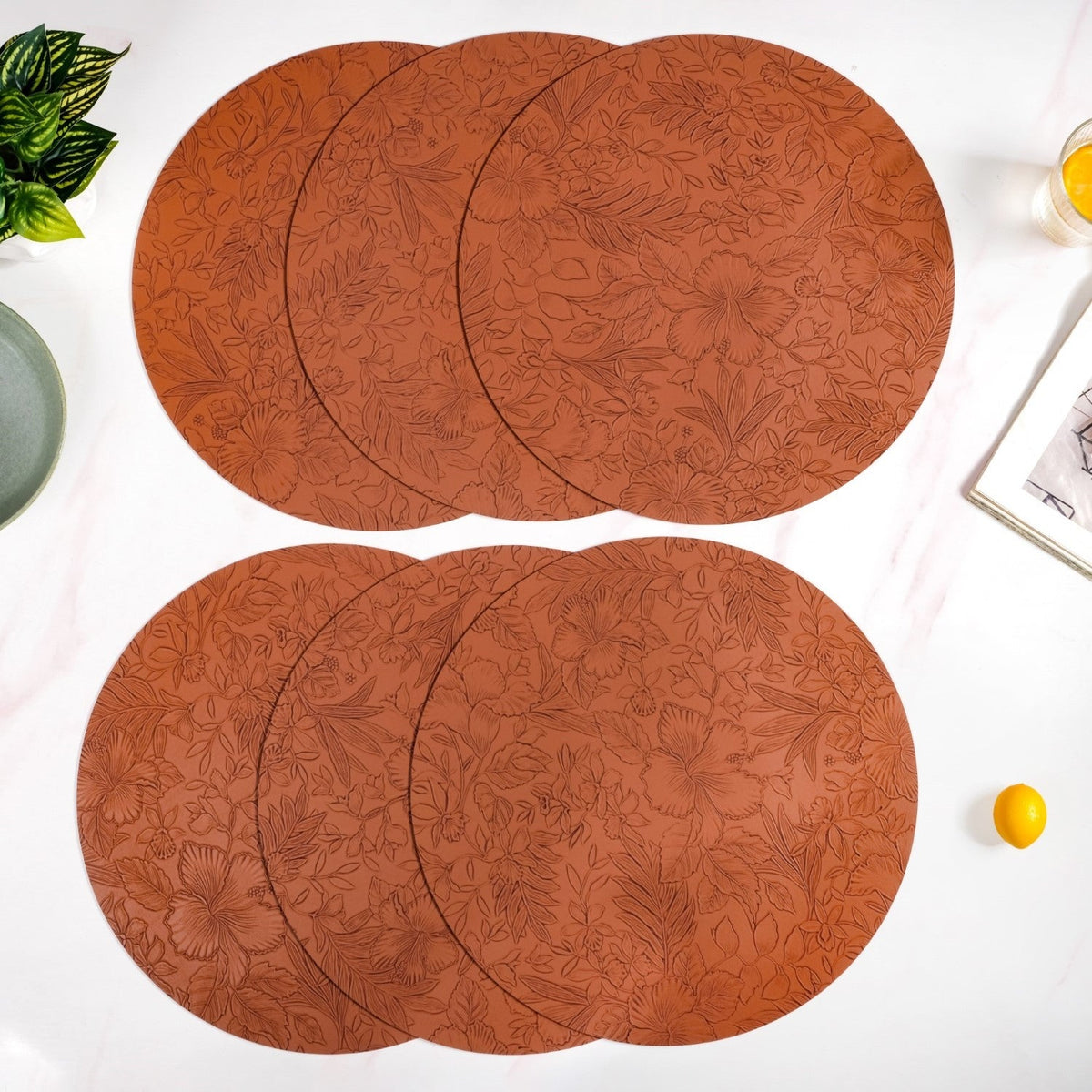 Brown Embossed Hibiscus Round Placemats Set Of 6 Nestasia