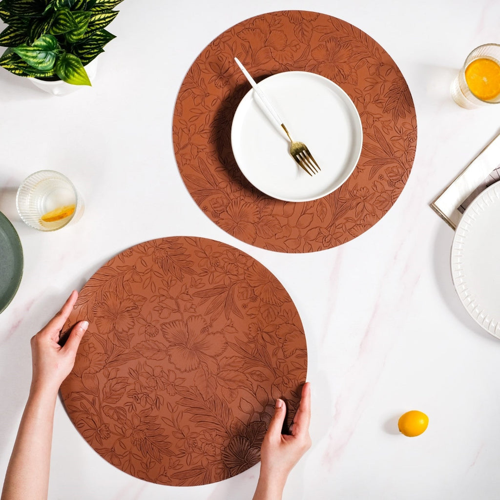 Brown Embossed Hibiscus Round Placemats Set Of 6 Nestasia