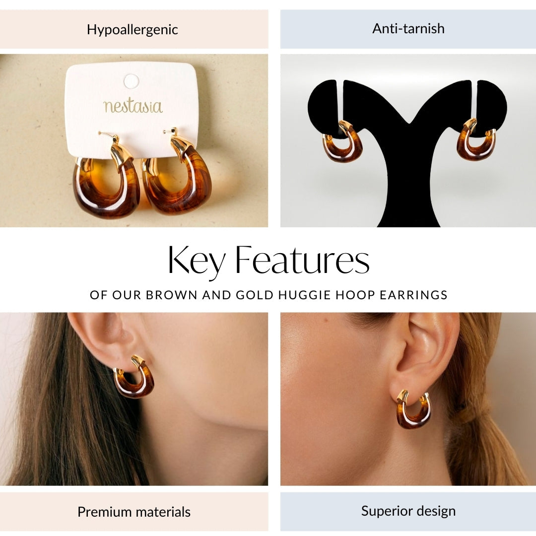 Brown And Gold Huggie Hoop Earrings Nestasia