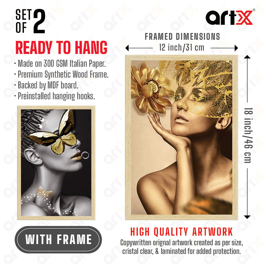 ArtX Women Aesthetic Wall Decor Paintings with Frame for Home Decoration, for Living Room, Bedroom, Office, Set Of 2 AXII-20-GRL