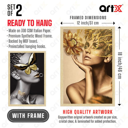 ArtX Women Aesthetic Wall Decor Paintings with Frame for Home Decoration, for Living Room, Bedroom, Office, Set Of 2 AXII-20-GRL