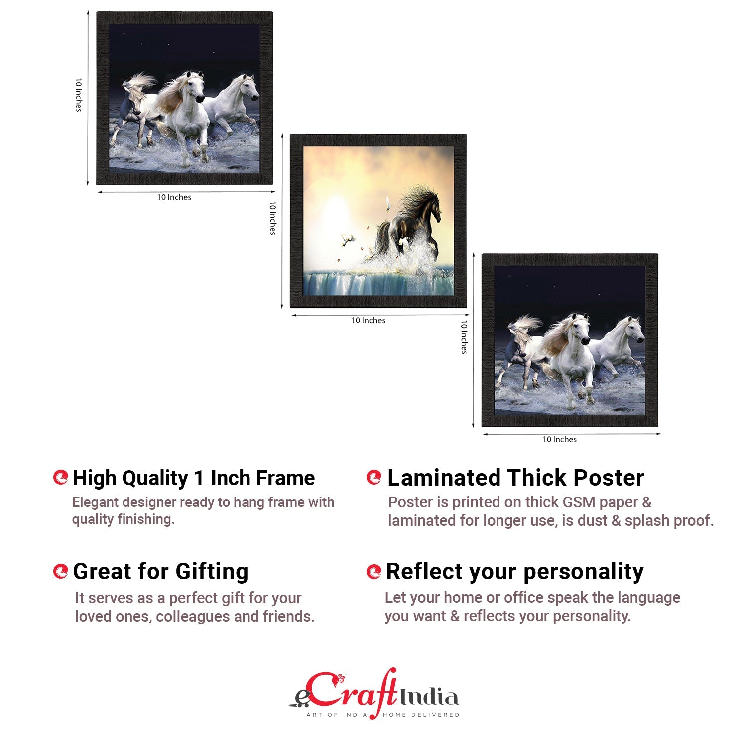 Set Of 3 Running Horses Satin Matt Texture UV Art Painting Kafalo