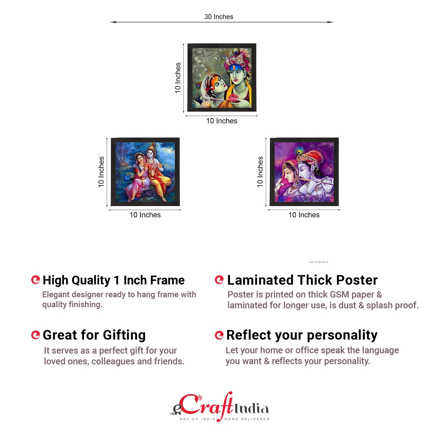 Set Of 3 Radha Krishna Satin Matt Texture UV Art Painting Kafalo