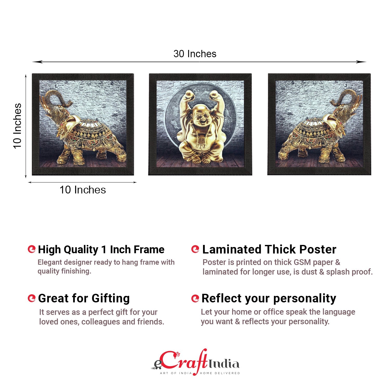 Set Of 3 Buddha and Elephant Satin Matt Texture UV Art Painting Kafalo