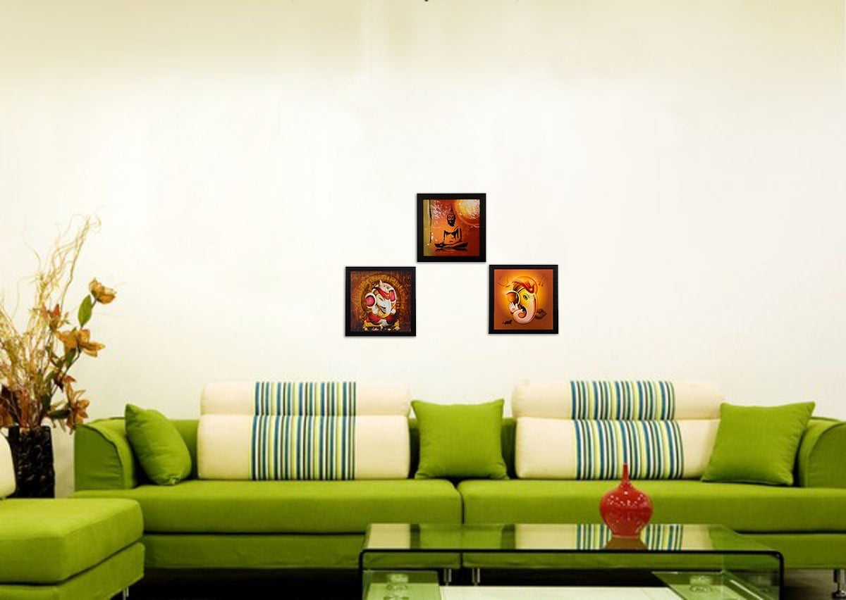 Set Of 3 Lord Ganesha & Buddha Satin Matt Texture UV Art Painting Kafalo