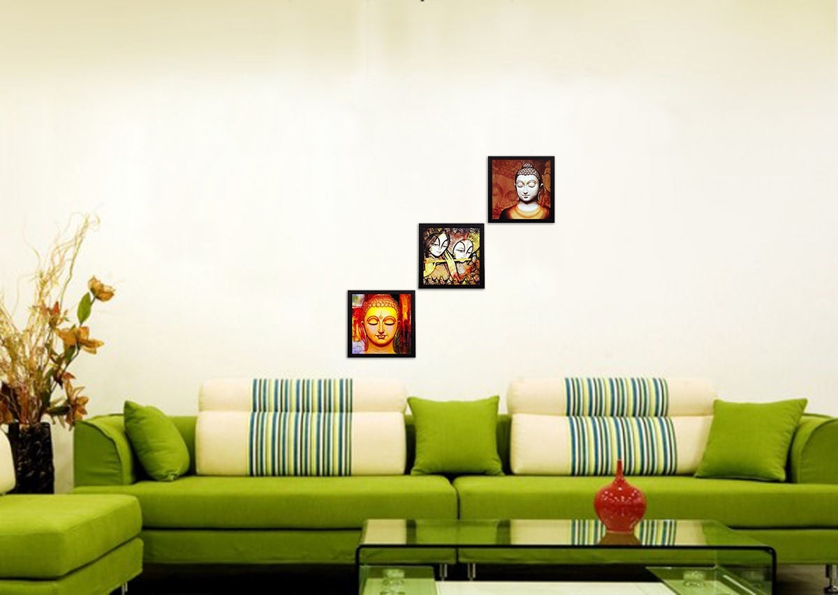 Set Of 3 Radha Krishna and Buddha Satin Matt Texture UV Art Painting Kafalo