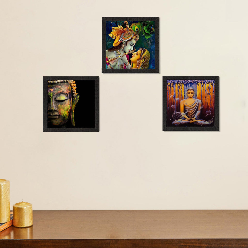 Set Of 3 Radha Krishna and Lord Buddha Paper Painting Kafalo