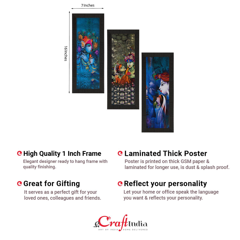 Set Of 3 Lord Krishna and Lordess Radha Satin Matt Texture UV Art Painting Kafalo