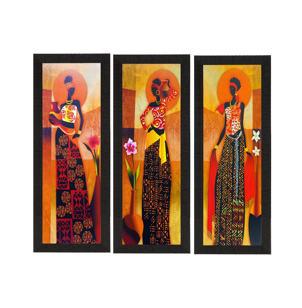 Set Of 3 Tribal Village Ladies Satin Matt Texture UV Art Painting Kafalo