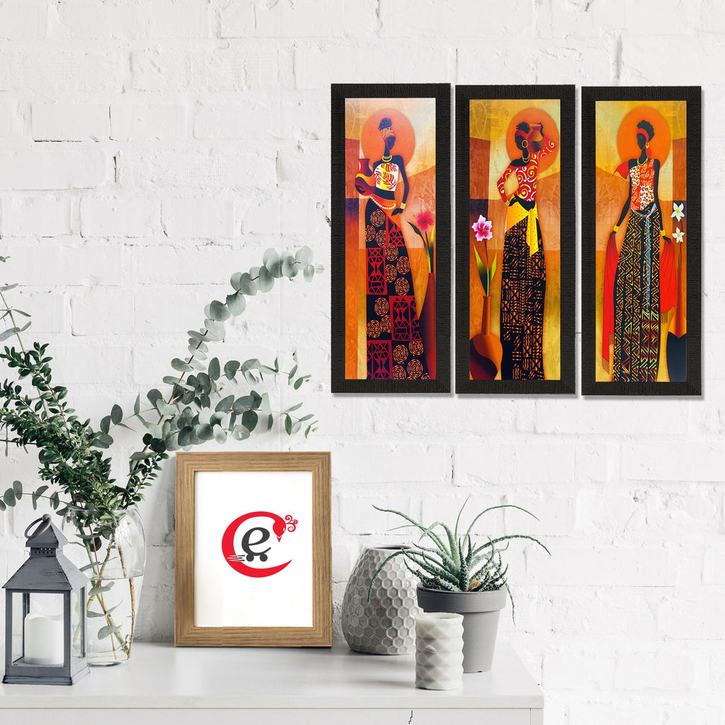 Set Of 3 Tribal Village Ladies Satin Matt Texture UV Art Painting Kafalo