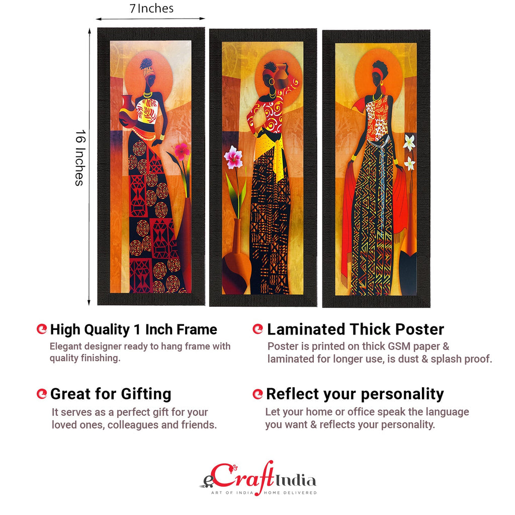 Set Of 3 Tribal Village Ladies Satin Matt Texture UV Art Painting Kafalo