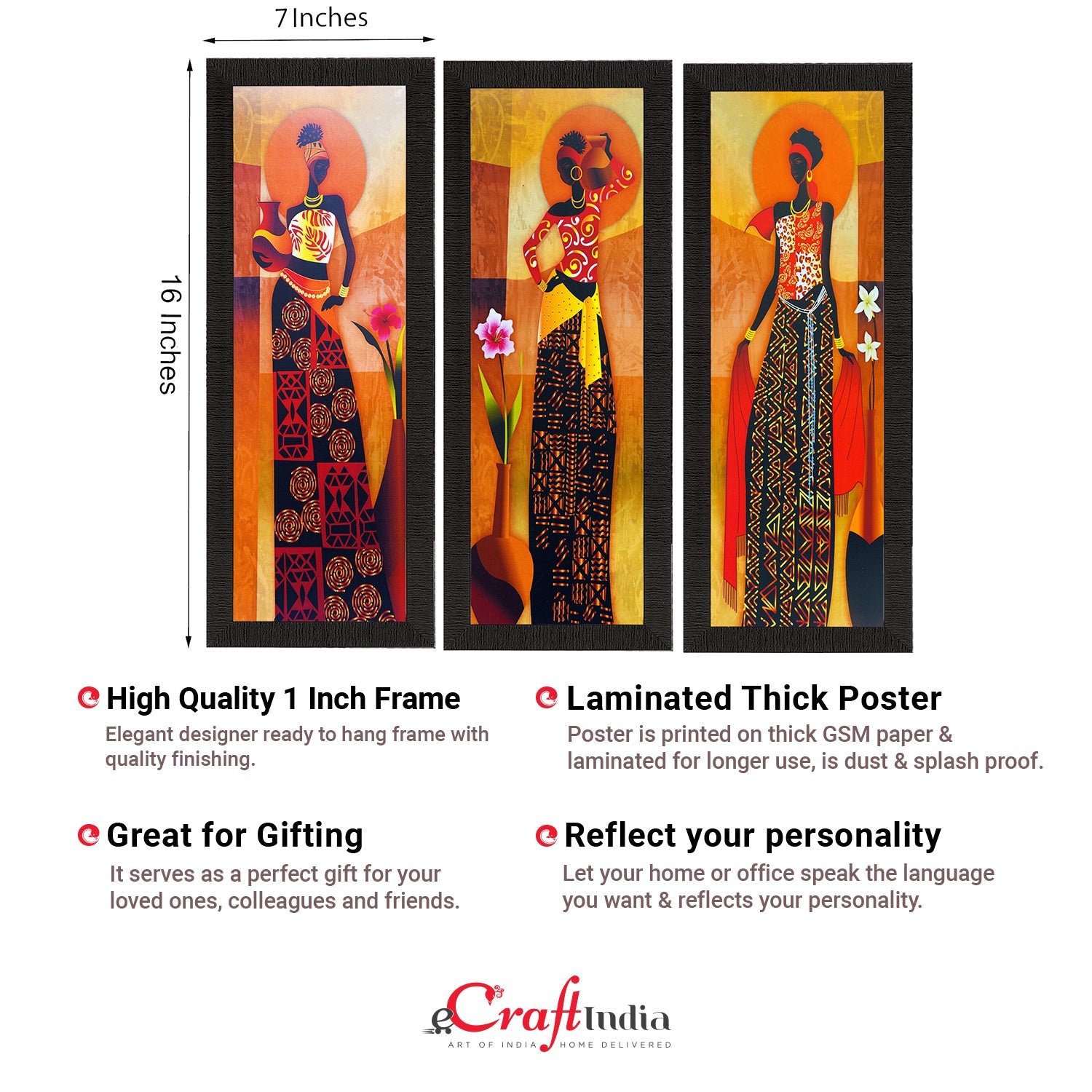 Set Of 3 Tribal Village Ladies Satin Matt Texture UV Art Painting Kafalo