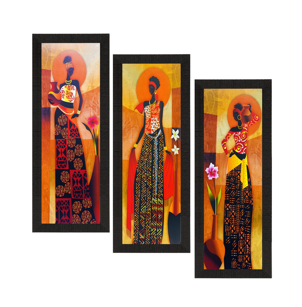 Set Of 3 Tribal Village Ladies Satin Matt Texture UV Art Painting Kafalo