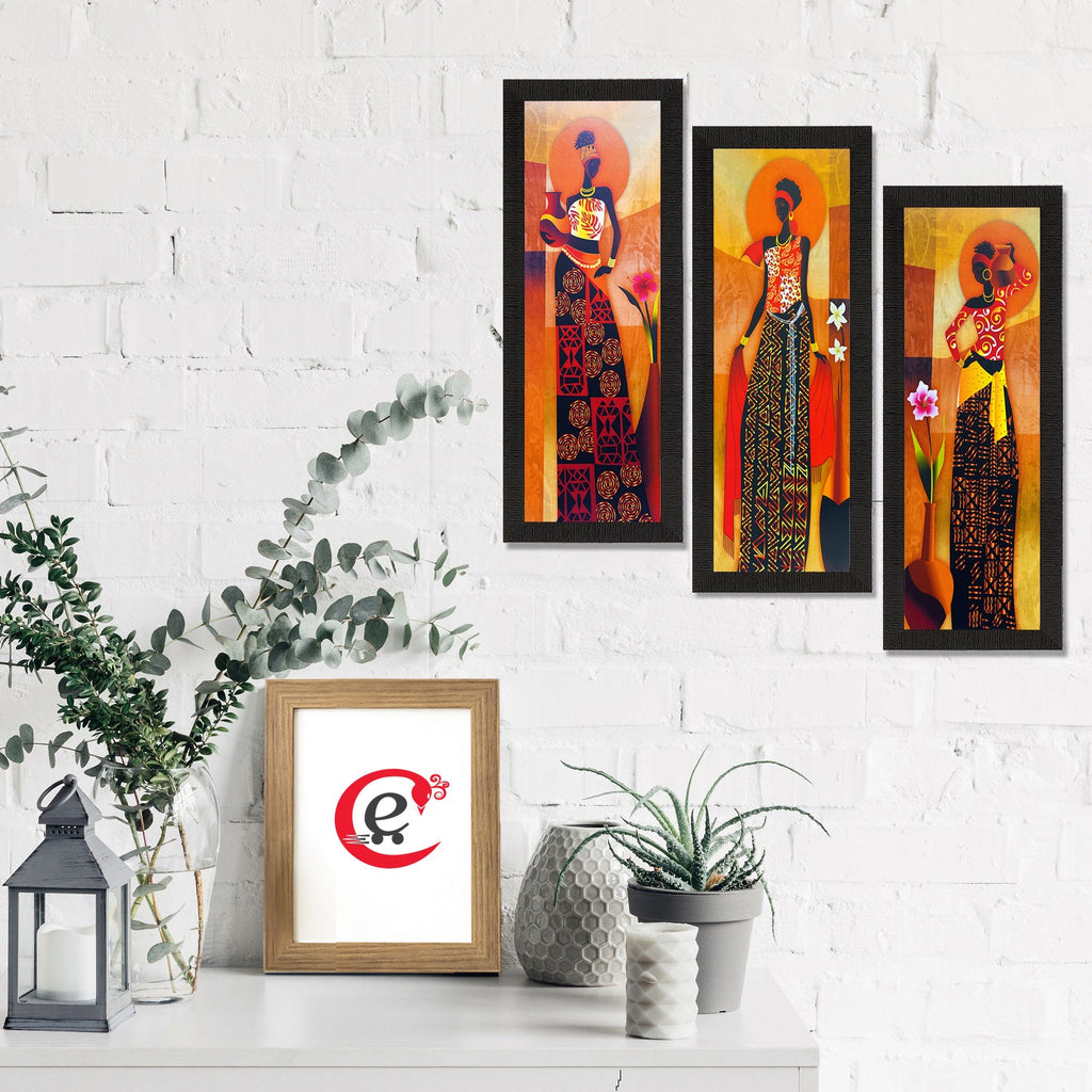 Set Of 3 Tribal Village Ladies Satin Matt Texture UV Art Painting Kafalo