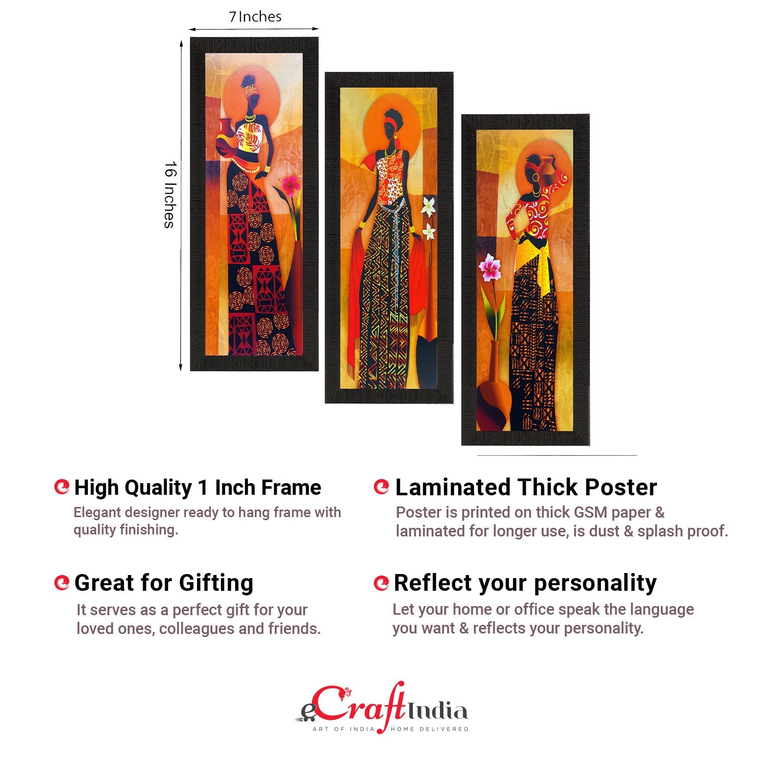 Set Of 3 Tribal Village Ladies Satin Matt Texture UV Art Painting Kafalo