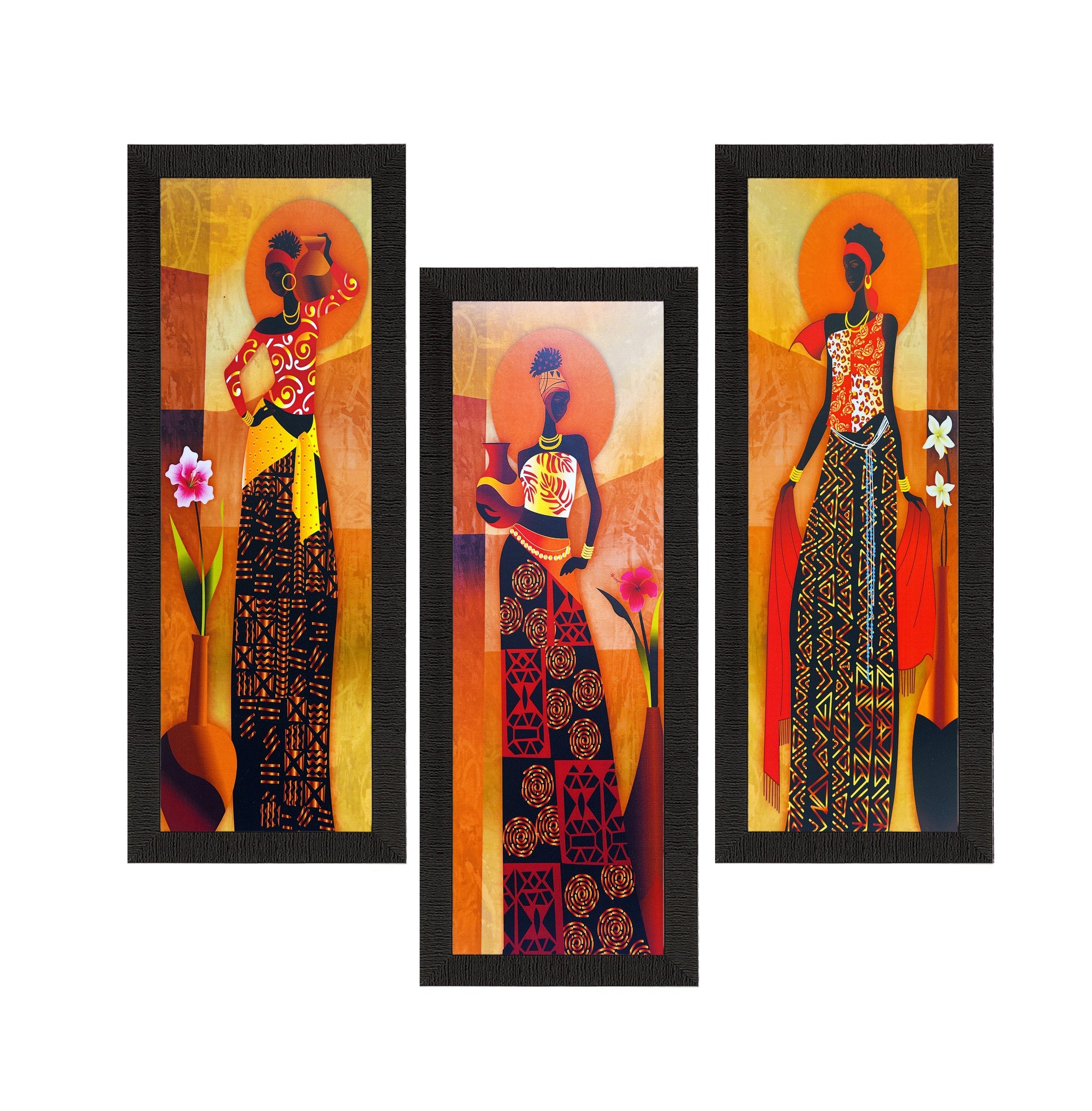 Set Of 3 Tribal Village Ladies Satin Matt Texture UV Art Painting Kafalo