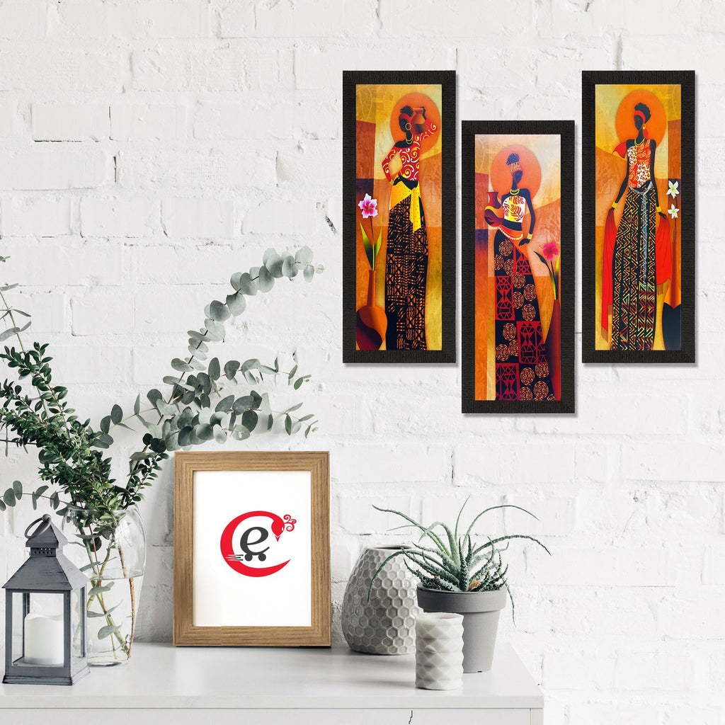 Set Of 3 Tribal Village Ladies Satin Matt Texture UV Art Painting Kafalo