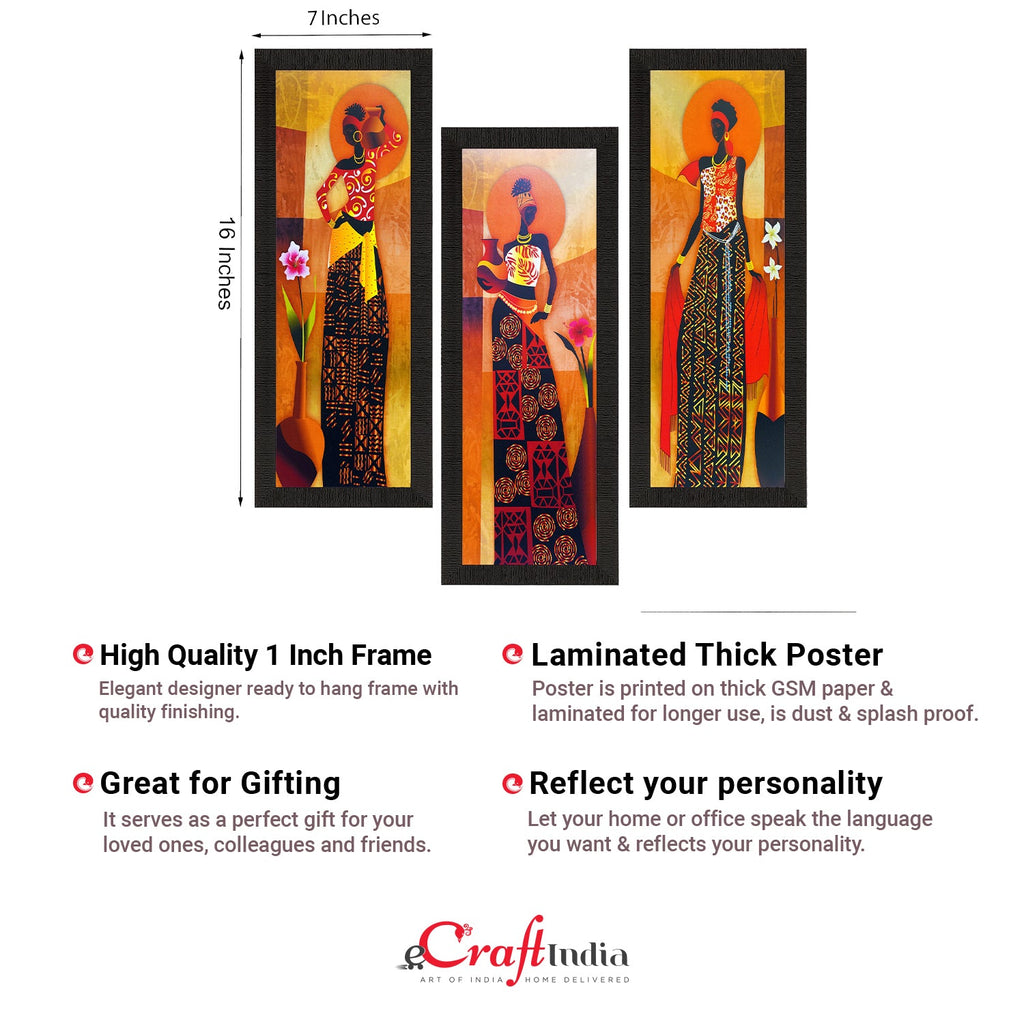 Set Of 3 Tribal Village Ladies Satin Matt Texture UV Art Painting Kafalo