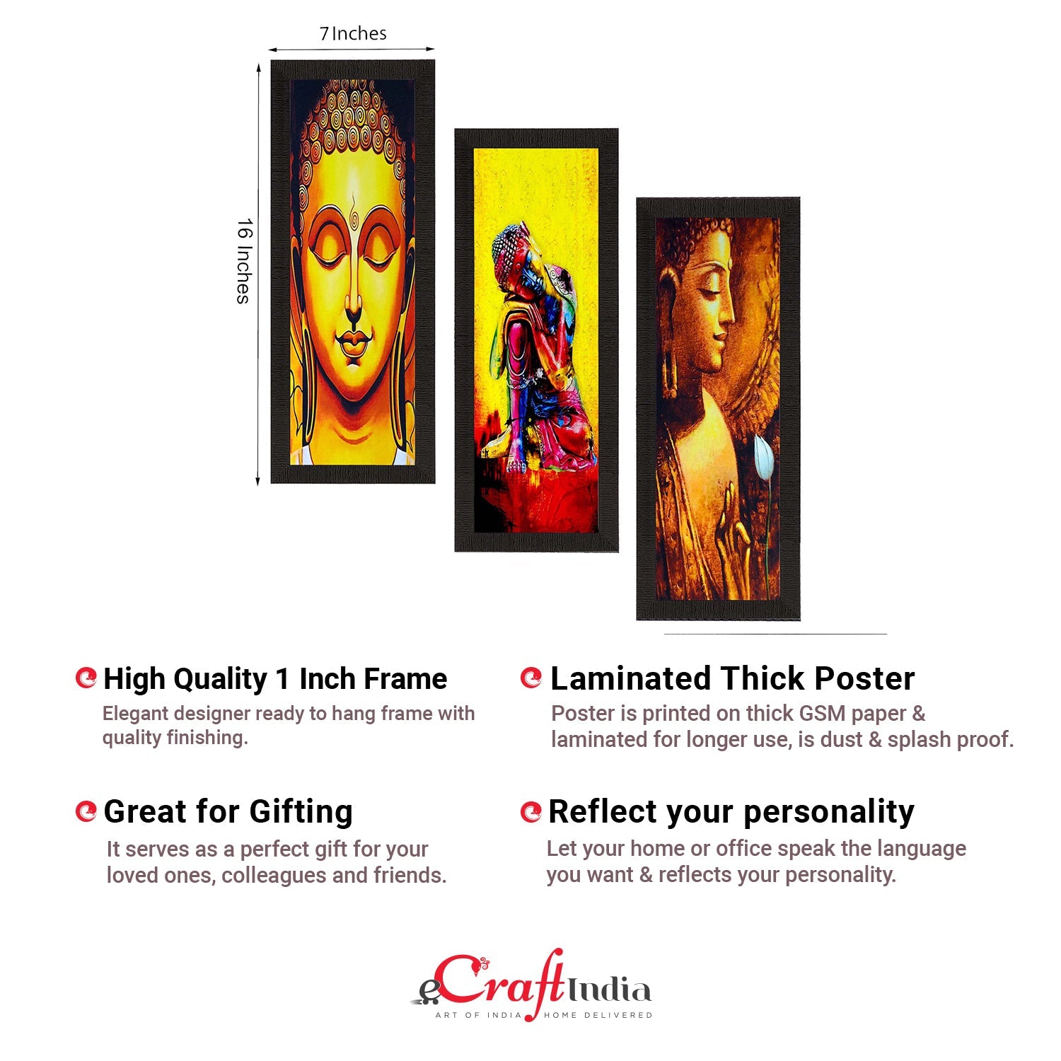 Set Of 3 Lord Buddha Satin Matt Texture UV Art Painting Kafalo