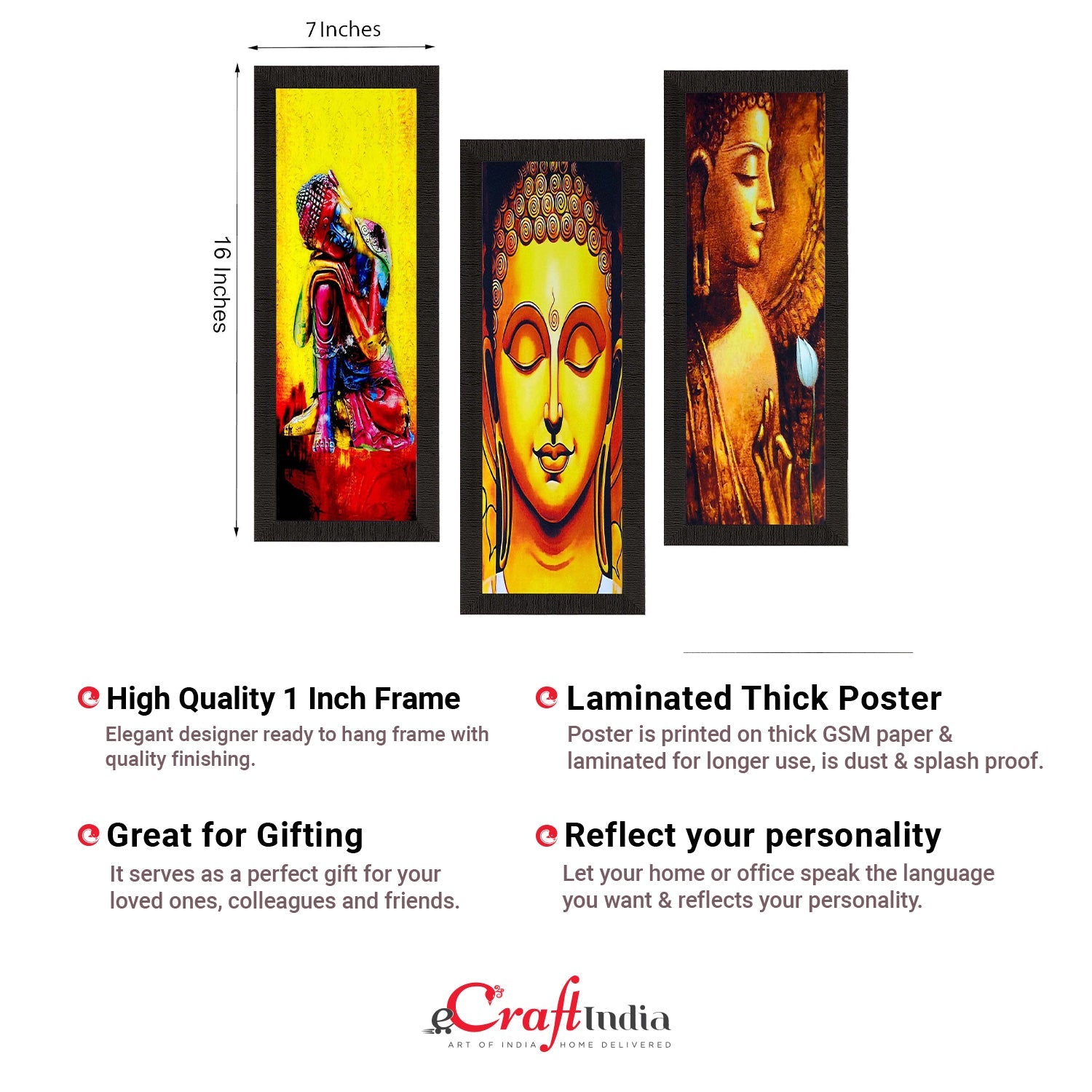 Set Of 3 Lord Buddha Satin Matt Texture UV Art Painting Kafalo
