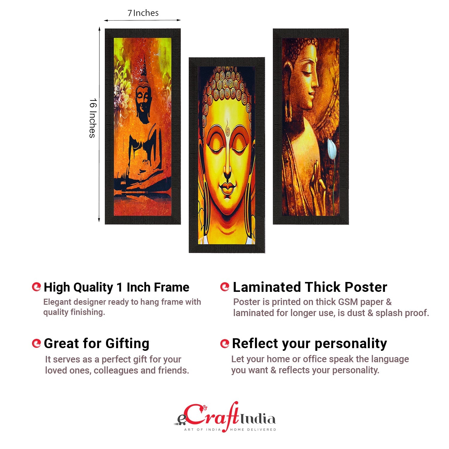 Set Of 3 Lord Buddha Satin Matt Texture UV Art Painting Kafalo