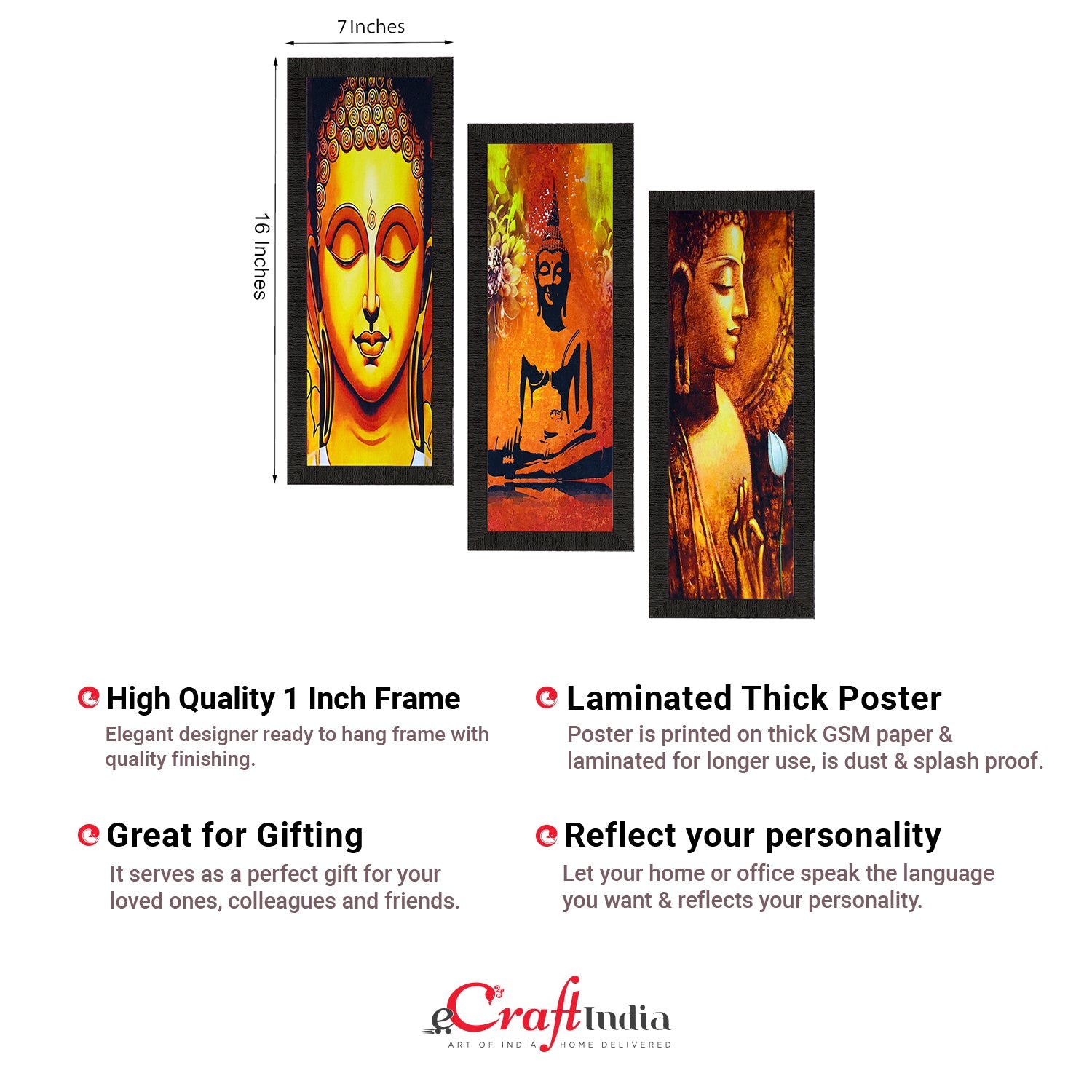 Set Of 3 Lord Buddha Satin Matt Texture UV Art Painting Kafalo