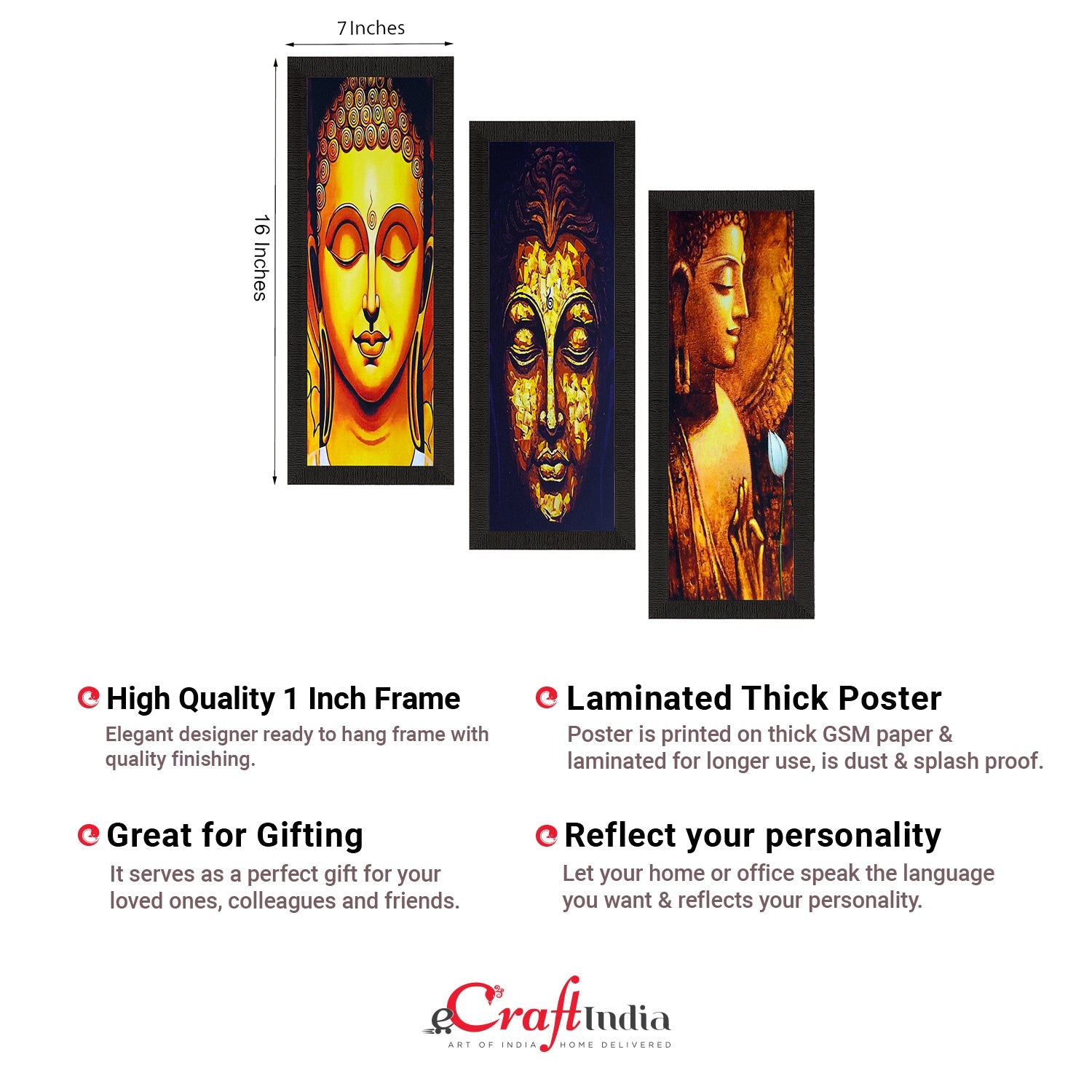 Set Of 3 Lord Buddha Satin Matt Texture UV Art Painting Kafalo