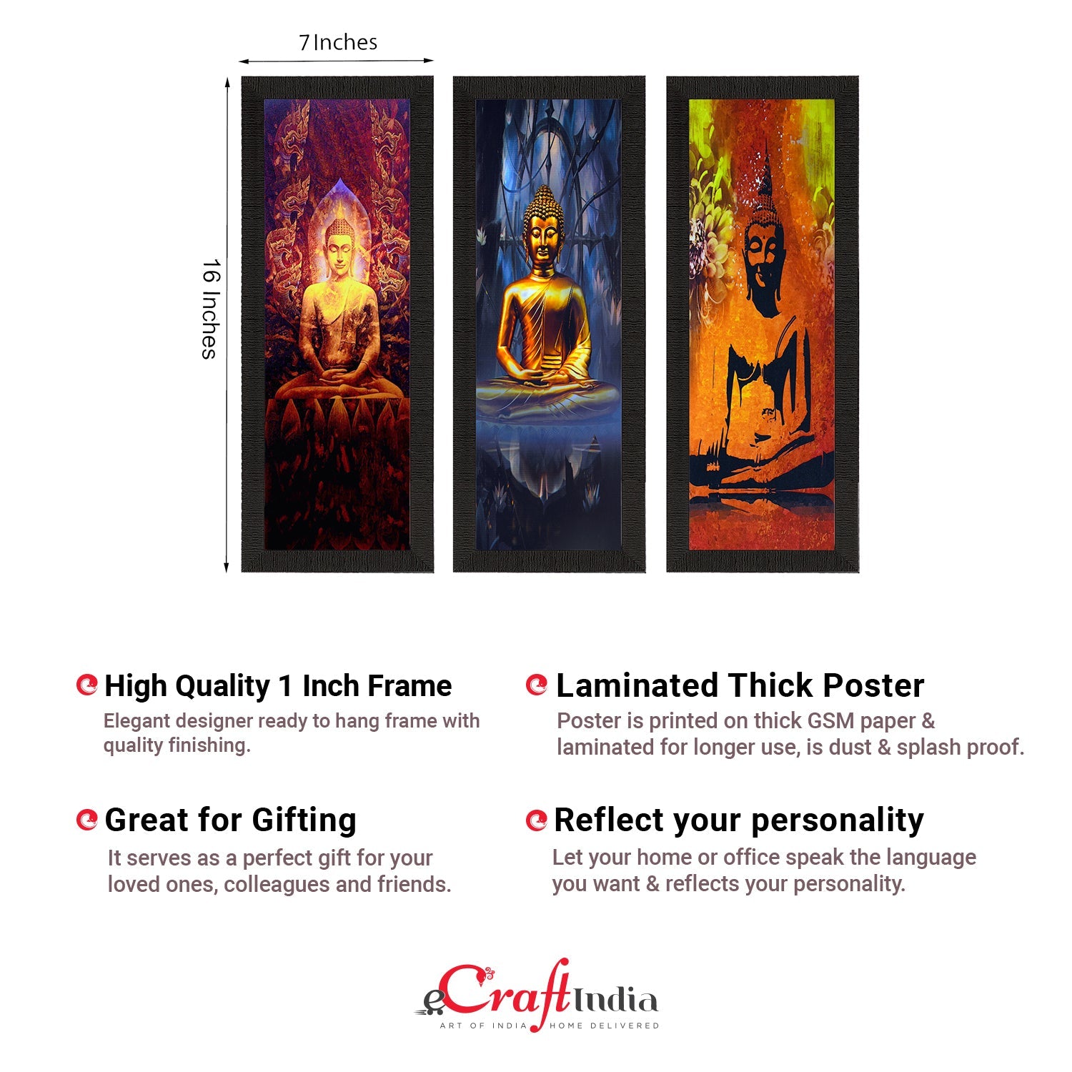 Set Of 3 Meditating Buddha Satin Matt Texture UV Art Painting Kafalo