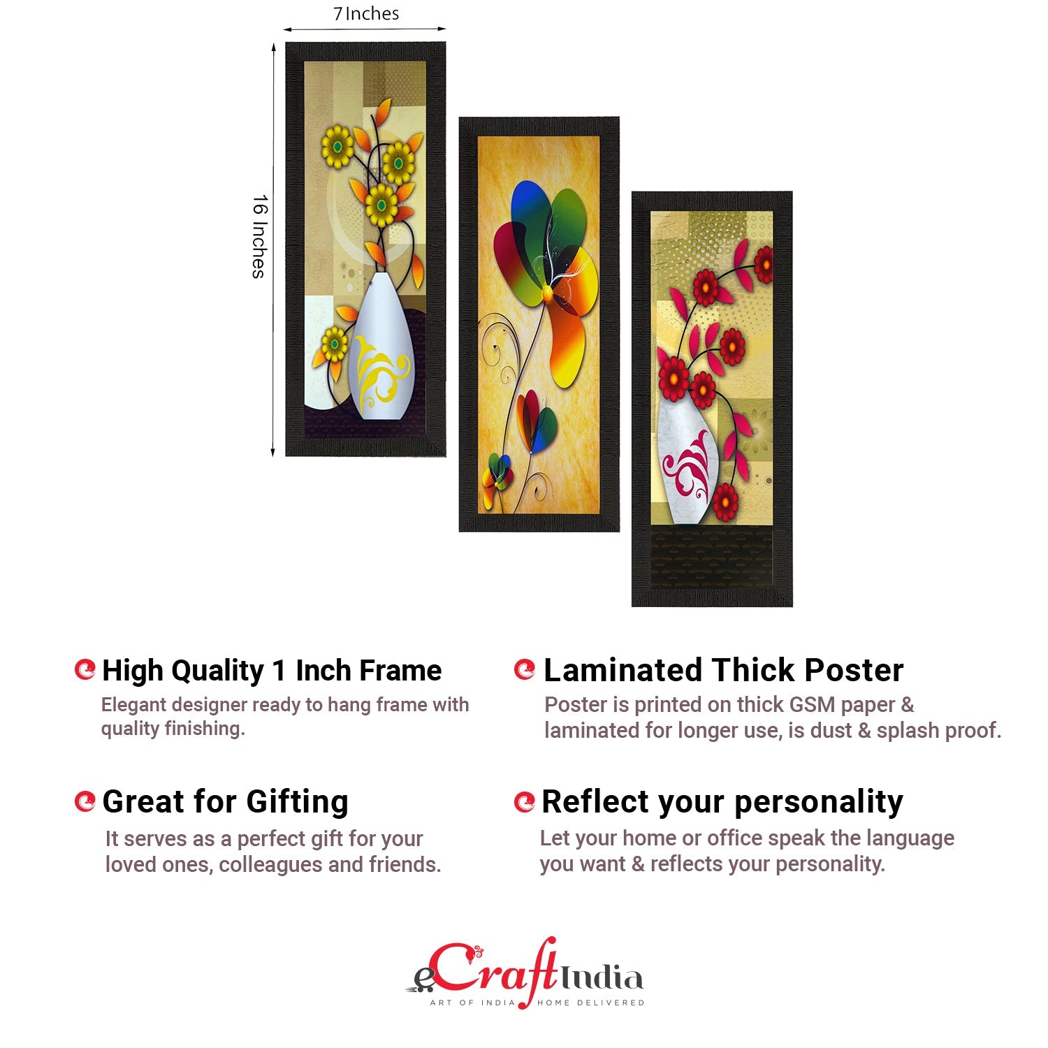 Set Of 3 Botanical Floral Pots Satin Matt Texture UV Art Painting Kafalo
