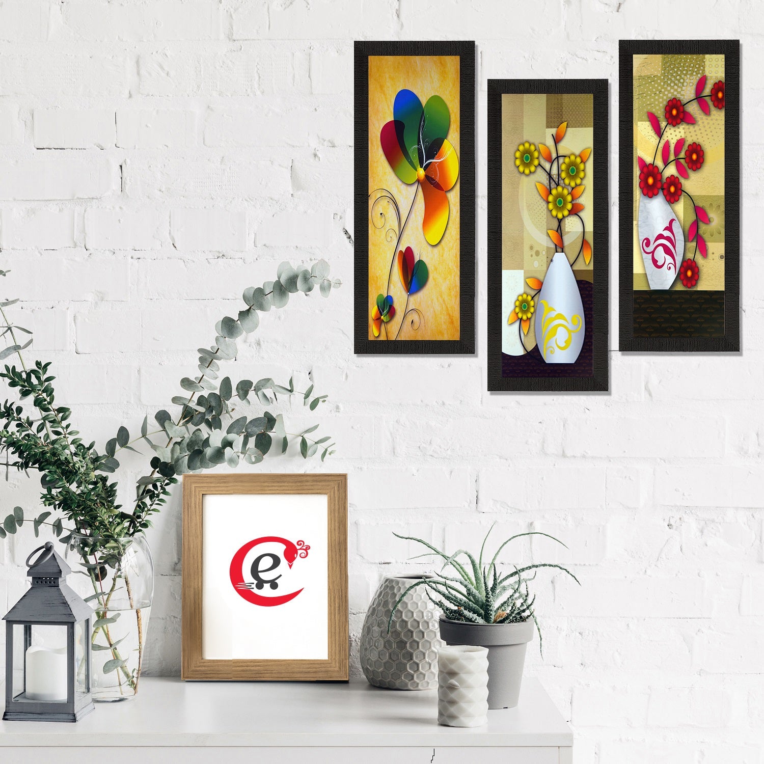 Set Of 3 Botanical Floral Pots Satin Matt Texture UV Art Painting Kafalo