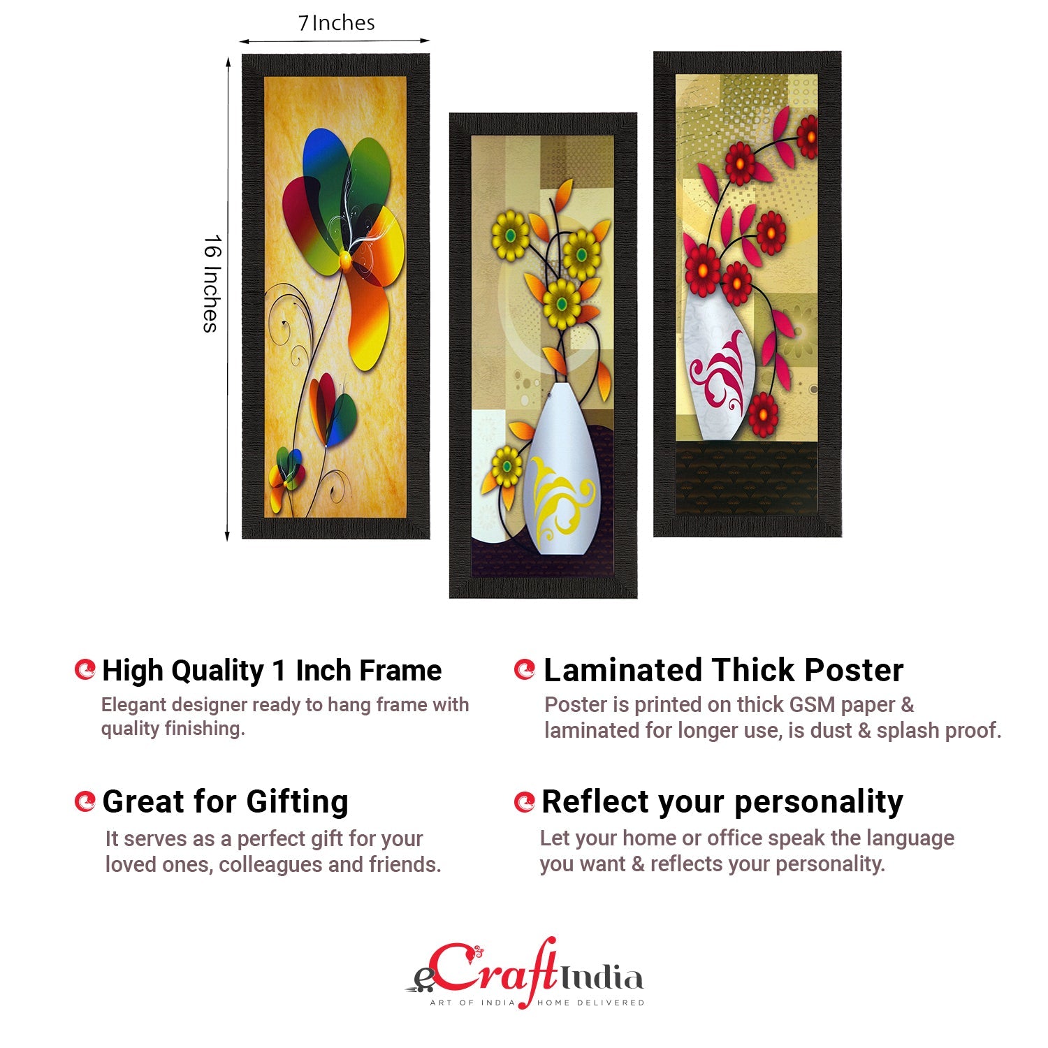 Set Of 3 Botanical Floral Pots Satin Matt Texture UV Art Painting Kafalo