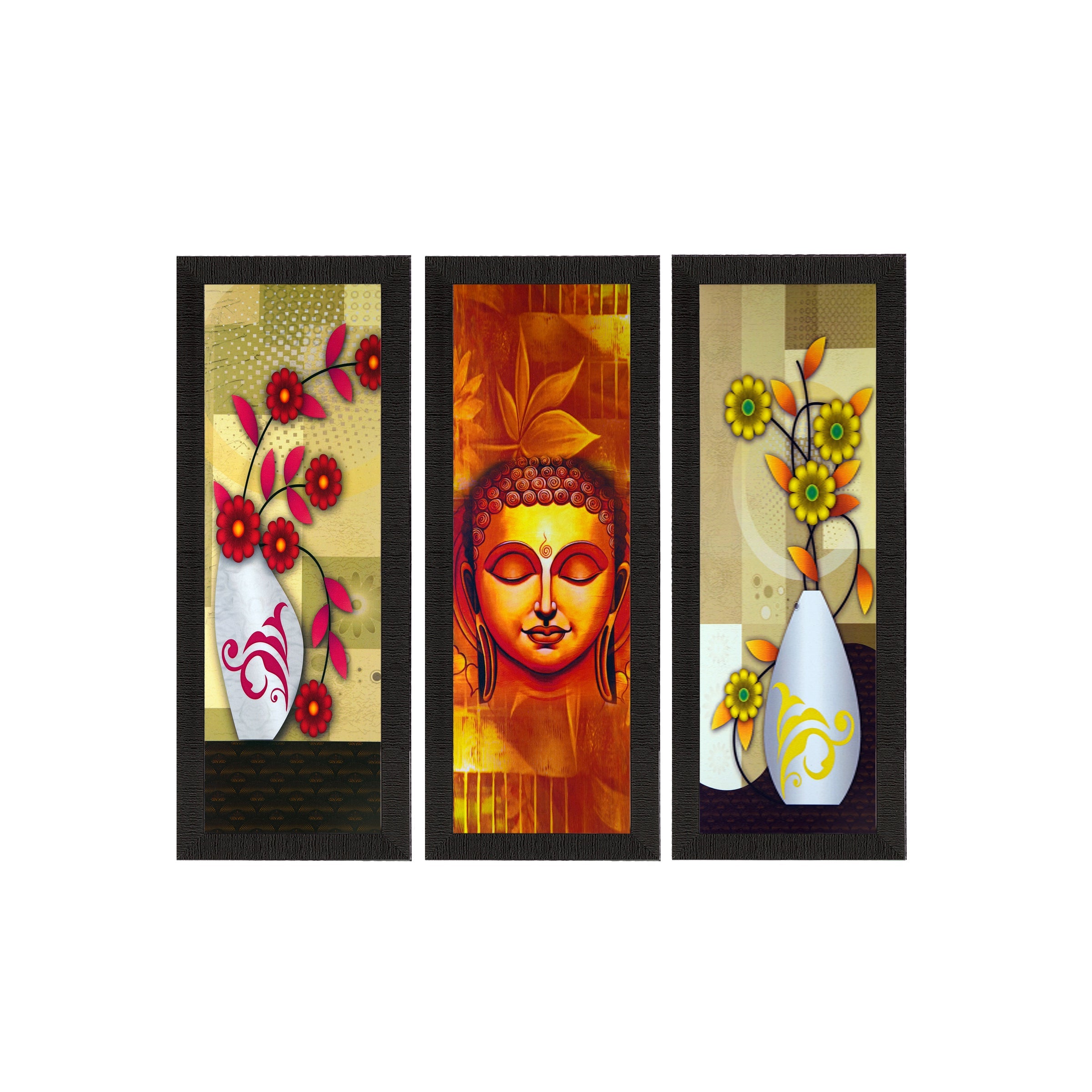 Set Of 3 Lord Buddha and Botanical Floral Satin Matt Texture UV Art Painting Kafalo